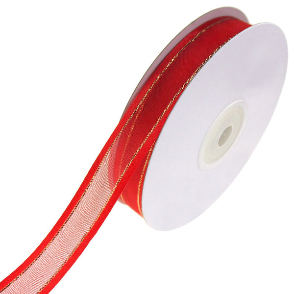 Gold-Lined Satin Edge Organza Ribbon, Red, 5/8-Inch, 25-Yard