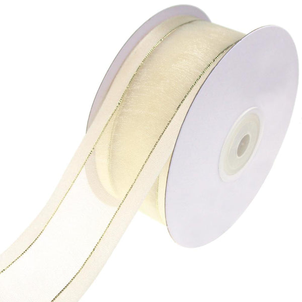 Gold-Lined Satin Edge Organza Ribbon, Antique White, 1-1/2-Inch, 25-Yard