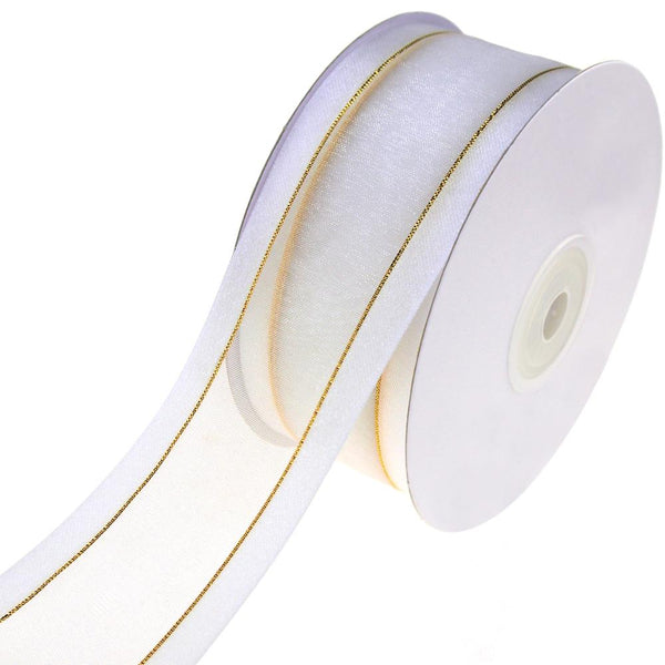 Gold-Lined Satin Edge Organza Ribbon, White, 1-1/2-Inch, 25-Yard