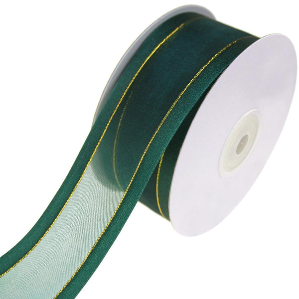 Gold-Lined Satin Edge Organza Ribbon, Hunter, 1-1/2-Inch, 25-Yard