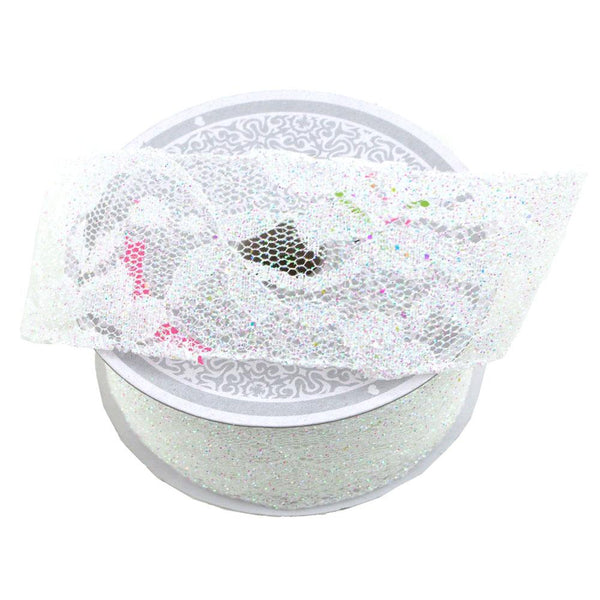 Floral Lace Trim Ribbon with Glitters, 2-Inch, 10 Yards, White