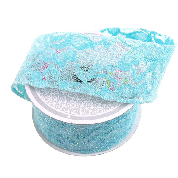 Floral Lace Trim Ribbon with Glitters, 2-Inch, 10 Yards, Blue