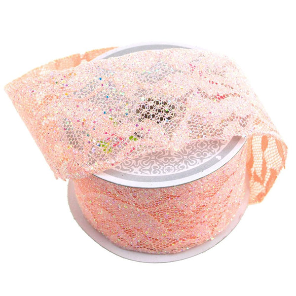 Floral Lace Trim Ribbon with Glitters, 2-Inch, 10 Yards, Light Peach