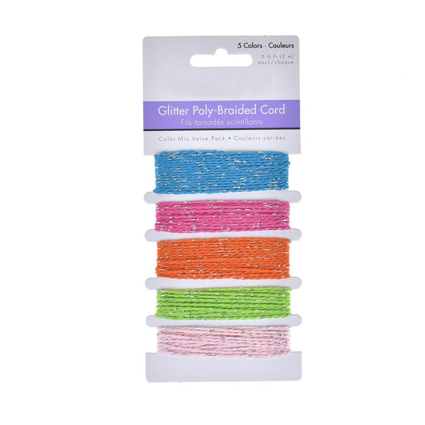 Glitter Poly-Braided Cord Trim, 5-Piece, Brights