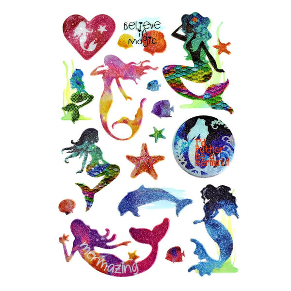 Ocean Mermaid 3D Puffy Glitter Stickers, 16-Piece