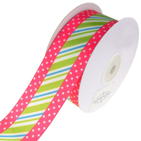 Striped Center and Dotted Edge Satin Ribbon, Hot Pink, 1-1/2-Inch, 10-Yard