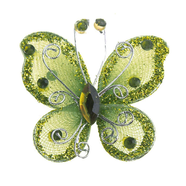 Organza Nylon Glitter Butterflies, 3-inch, 12-Piece, Sage Green