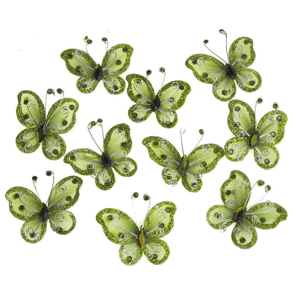 Organza Nylon Glitter Butterflies, 2-inch, 12-Piece, Sage Green