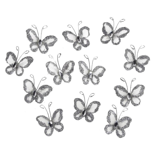 Organza Nylon Glitter Butterflies, 1-inch, 12-Piece, Silver