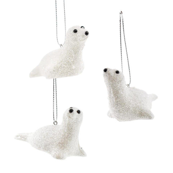 Hanging Plastic Glitter Sea Seal Christmas Ornament, White, 2-3/4-Inch, 3-Piece