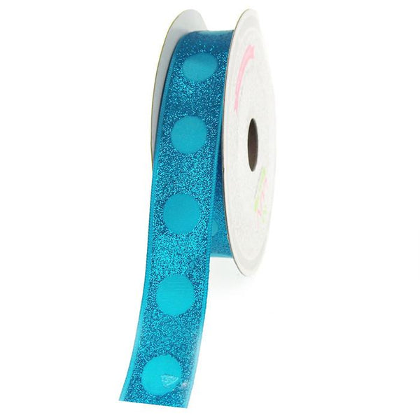 Glitter Ribbon with Satin Dots, 7/8-inch, 10-yard, Turquoise