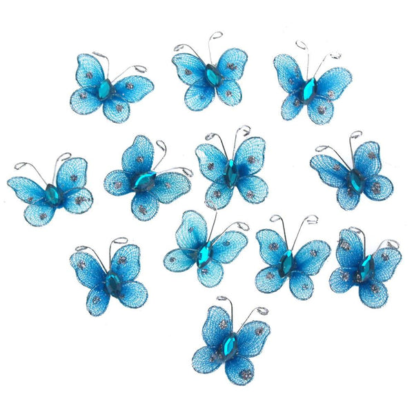 Organza Nylon Glitter Butterflies, 1-inch, 12-Piece, Turquoise