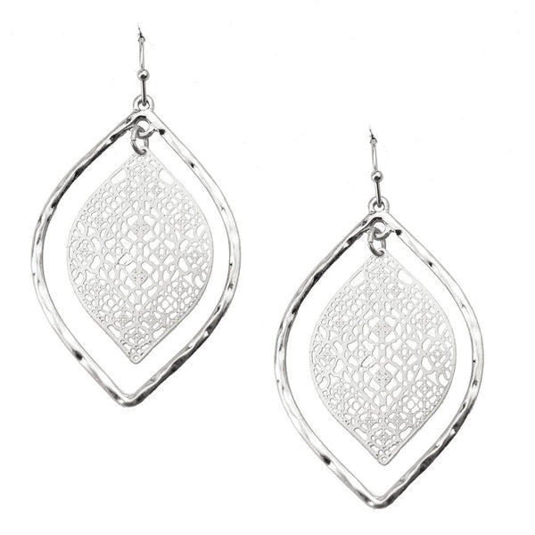 Leaf Design Filigree Earrings, Silver, 1-3/4-Inch