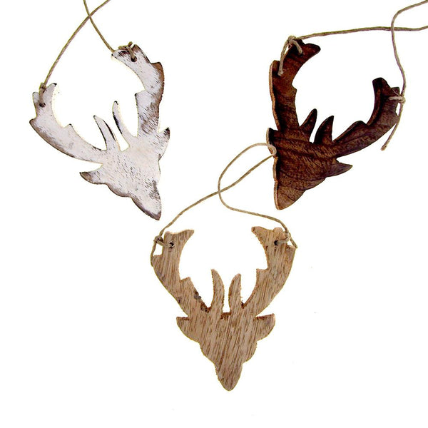 Hanging Distressed Reindeer Head Wooden Christmas Ornament, 3-3/4-Inch