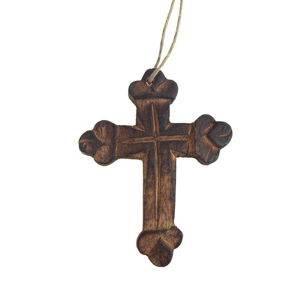 Hanging Carved Nasrani Cross Christmas Tree Ornament, Brown, 4-Inch