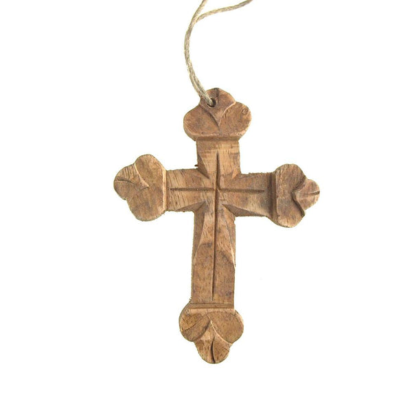 Hanging Carved Nasrani Cross Christmas Tree Ornament, Natural, 4-Inch