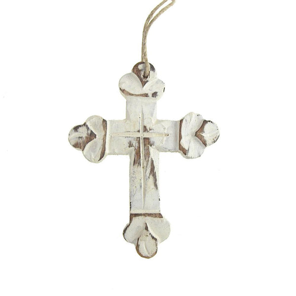 Hanging Carved Nasrani Cross Christmas Tree Ornament, White, 4-Inch