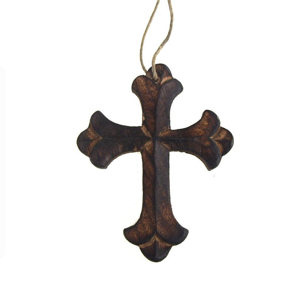 Hanging Beveled Nasrani Cross Christmas Tree Ornament, Brown, 4-Inch