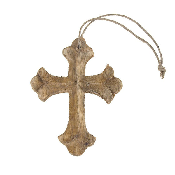 Hanging Beveled Nasrani Cross Christmas Tree Ornament, Natural, 4-Inch