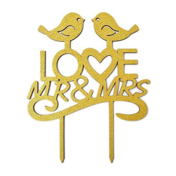 Mr. & Mrs. Love Birds Glitter Wedding Cake Topper, 7-1/2-Inch, Gold