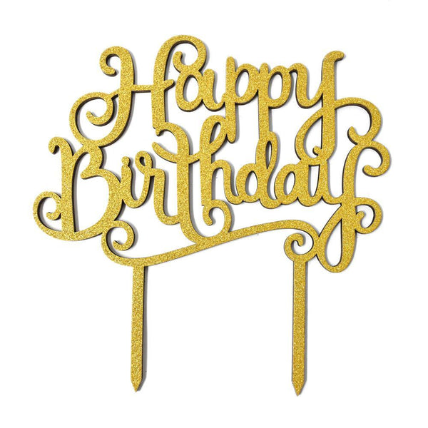 Happy Birthday Glitter Cake Topper, 6-Inch, Gold