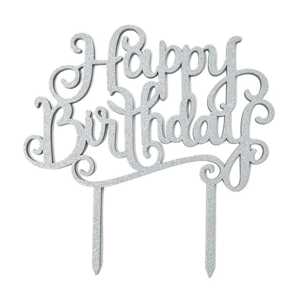 Happy Birthday Glitter Cake Topper, 6-Inch, Silver