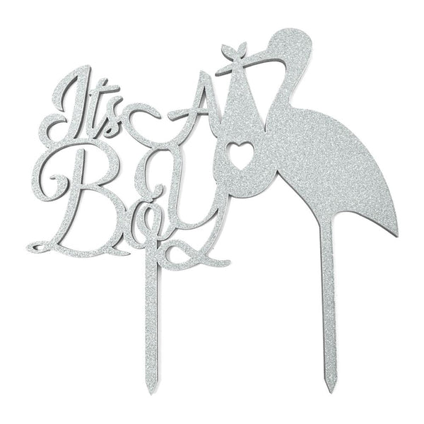 It's A Boy Baby Shower Glitter Cake Topper, 6-1/2-Inch, Silver