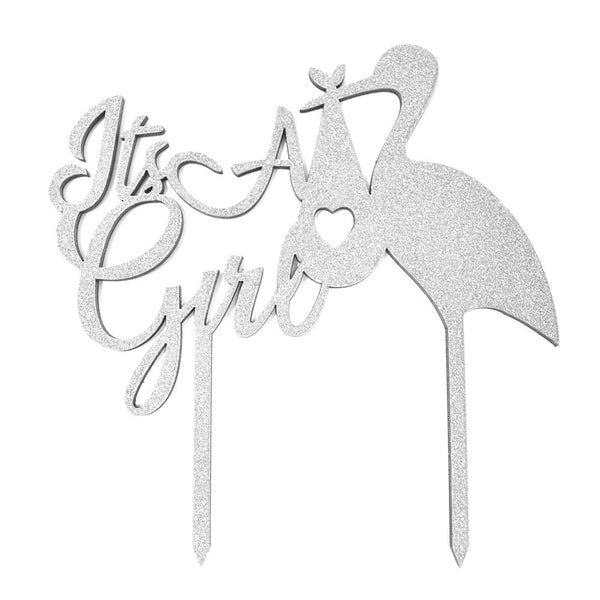 It's A Girl Baby Shower Glitter Cake Topper, 6-1/2-Inch, Silver