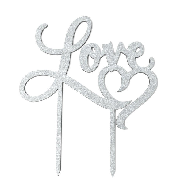 Love Heart Wedding Glitter Cake Topper, 7-Inch, Silver