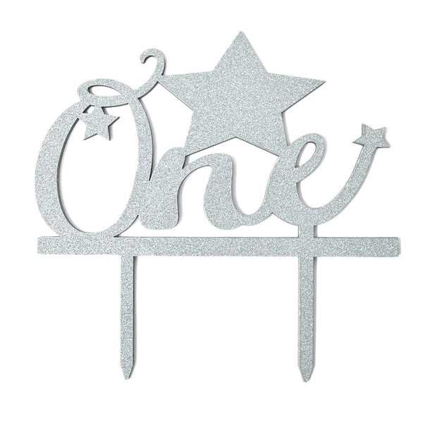 Baby's First Birthday One Glitter Cake Topper, 6-Inch, Silver