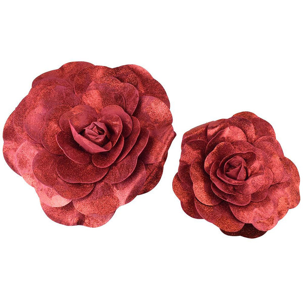 Metallic Glitter Rose Foam Wall Flowers, Assorted Sizes, Metallic Red, 2-Piece