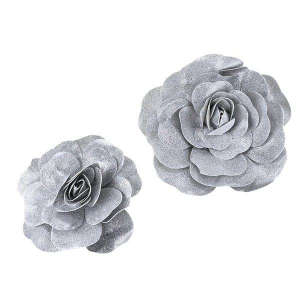 Metallic Glitter Rose Foam Wall Flowers, Assorted Sizes, Silver, 2-Piece