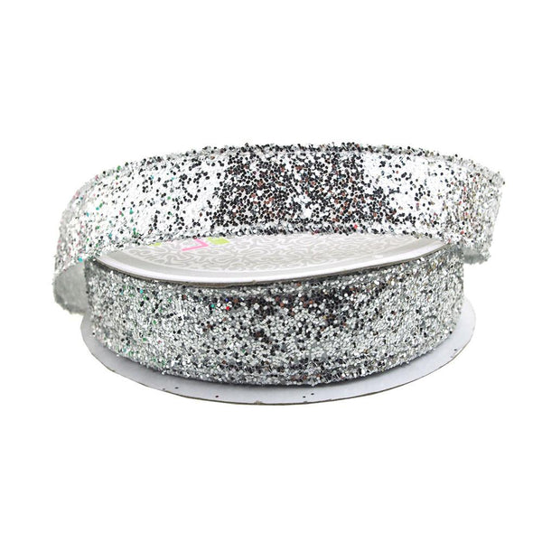 Sparkling Glitter Holiday Christmas Ribbon Wired Edge, 5/8-Inch, 10 Yards, Silver