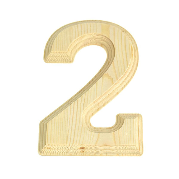 Pine Wood Beveled Wooden Number 2, Natural, 5-13/16-Inch