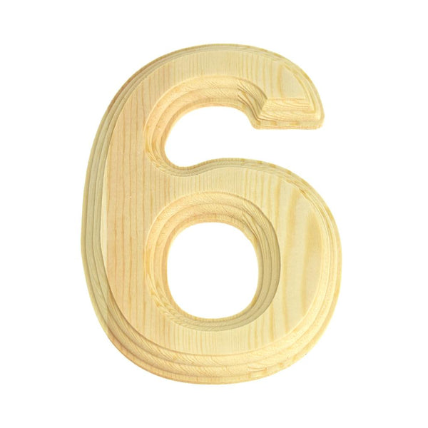 Pine Wood Beveled Wooden Number 6, Natural, 5-13/16-Inch