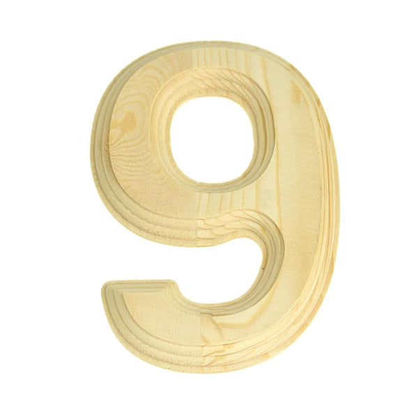 Pine Wood Beveled Wooden Number 9, Natural, 5-13/16-Inch