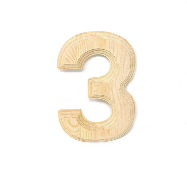 Pine Wood Beveled Wooden Number 3, Natural, 5-13/16-Inch