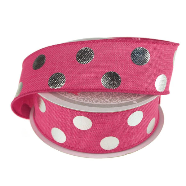 Metallic Dots Wired Canvas Ribbon, 1-1/2-Inch, 10 Yards, Hot Pink/Silver