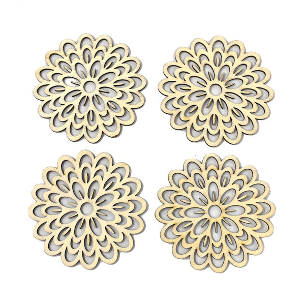 Laser-Cut Wooden Flower Doily, Natural, 3-3/16-Inch, 4-Piece