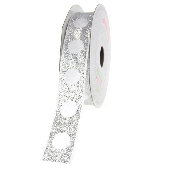 Glitter Ribbon with Satin Dots, 7/8-inch, 10-yard, White