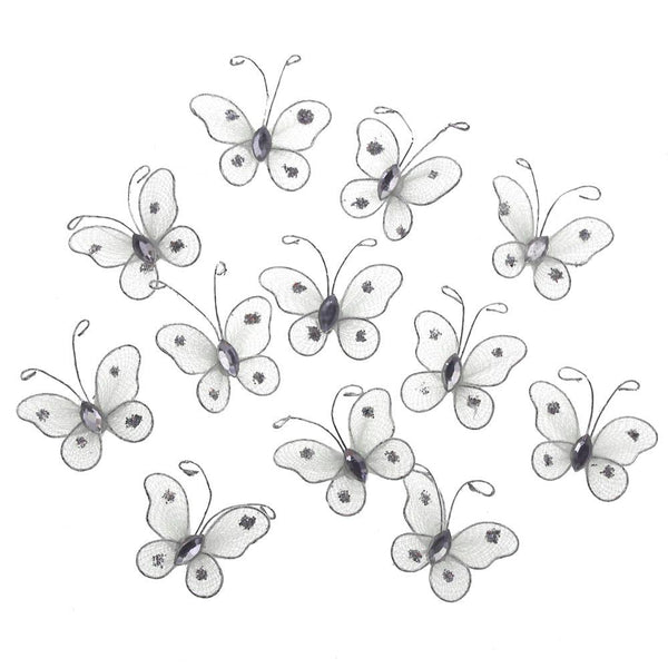 Organza Nylon Glitter Butterflies, 1-inch, 12-Piece, White