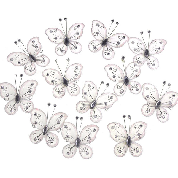 Organza Nylon Glitter Butterflies, 2-inch, 12-Piece, White