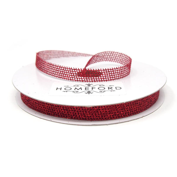 Glittered Grid Weave Ribbon, Red, 3/8-Inch, 25 Yards