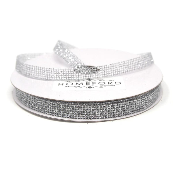 Glittered Grid Weave Ribbon, Silver, 3/8-Inch, 25 Yards