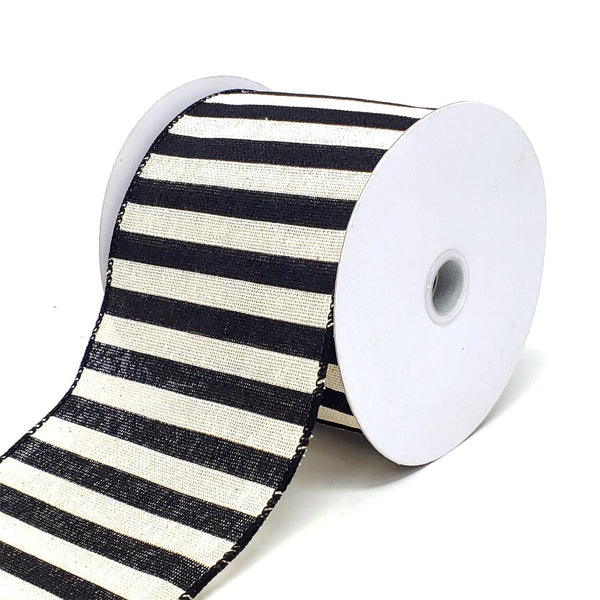 Christmas Stripes Canvas Wired Edge Ribbon, 4-Inch, 10-Yard, Black/Ivory