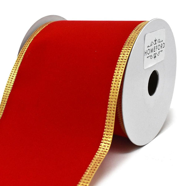 Red Velvet Metallic-Colored Trim Wired Ribbon, Gold, 4-Inch, 10-Yard