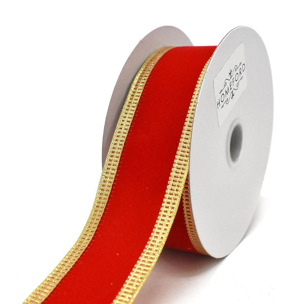 Red Velvet Metallic-Colored Trim Wired Ribbon, Gold, 1-1/2-Inch, 10-Yard