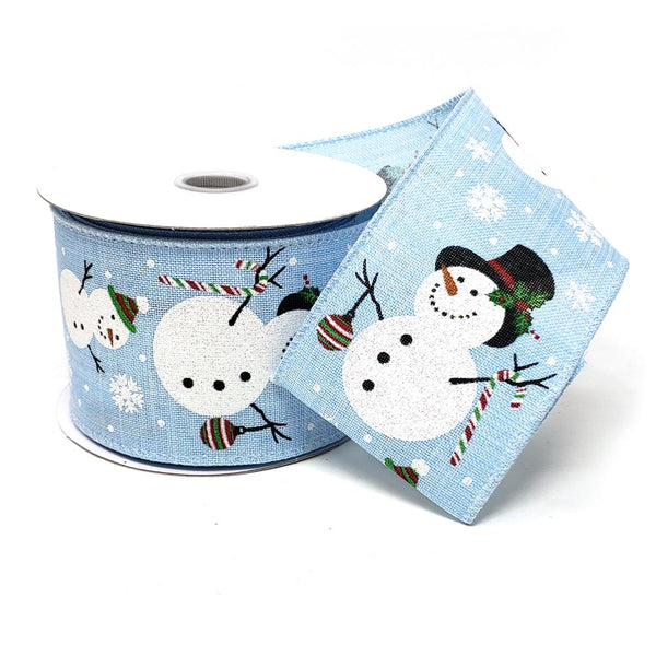 Christmas Glitter Snowmen Linen Ribbon, 2-1/2-Inch, 10-Yard, Light Blue