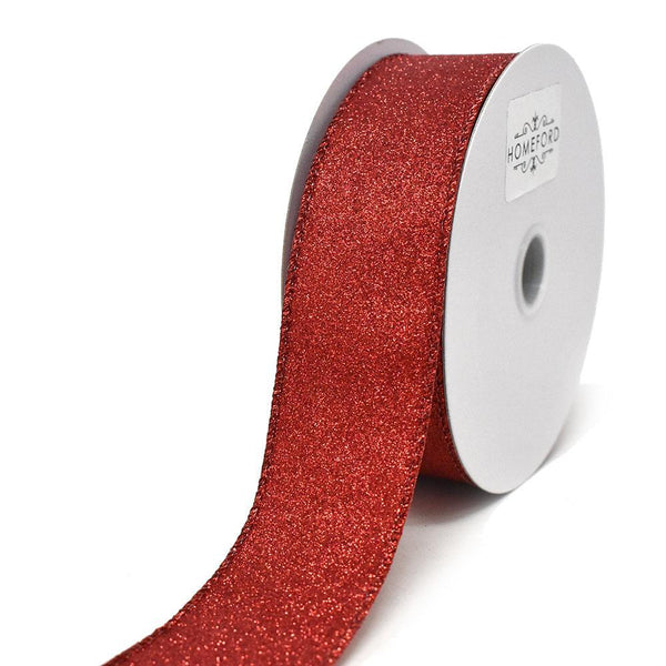 Christmas Flat Glitter Wired Edge Ribbon, Red, 1-1/2-Inch, 10-Yard