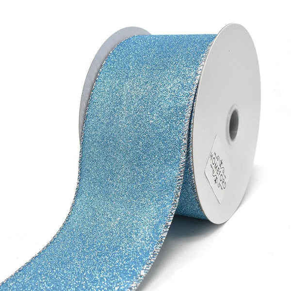 Christmas Flat Glitter Wired Edge Ribbon, Blue, 2-1/2-Inch, 10-Yard